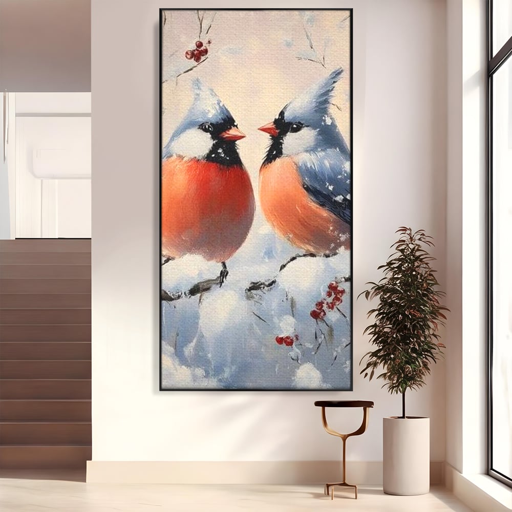 Tablou canvas cu tablou canvas cu doi pasari cardinali in iarna, in rama de aluminiu negru